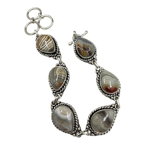 Laguna Lace Agate Bracelet Set in Silvertone Metal Toggle Clasp Handmade Artisan - Picture 4 of 6